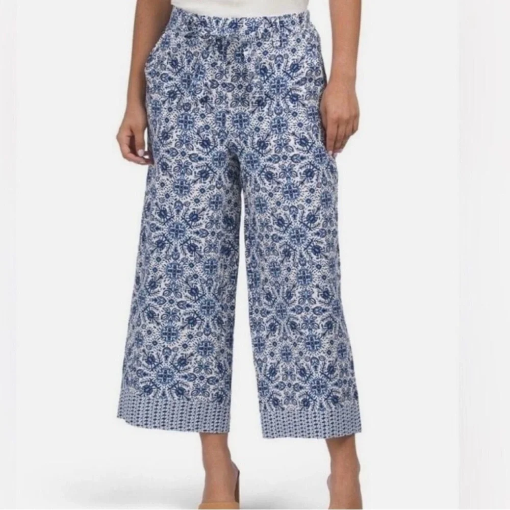 Joie Linen Blend Wide Leg Cropped Blue White Boho Tie Waist Pant Size 10. - Picture 2 of 7